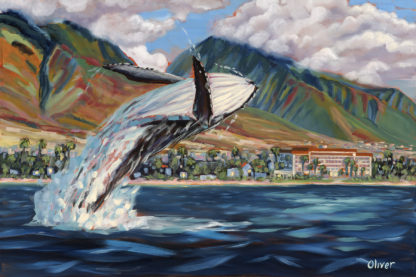 original oil painting, Hawaii, Maui, Whale breaching, artist, Ronald Lee Oliver